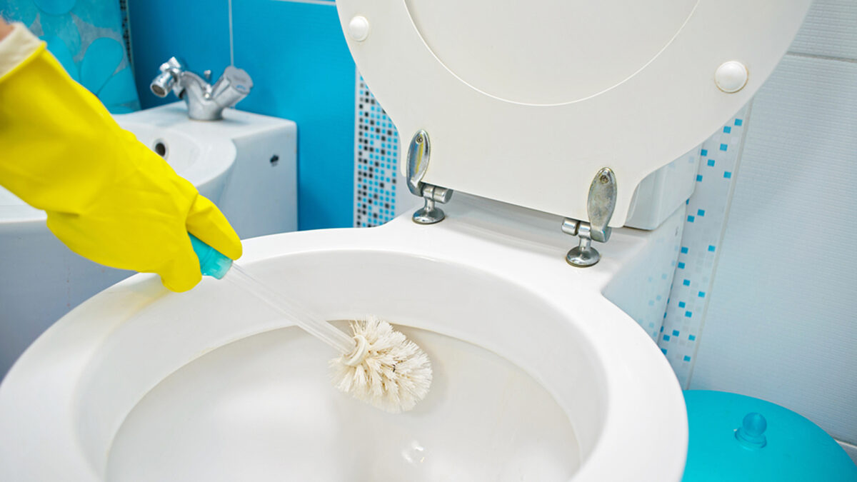 A woman cleans a bathroom toilet with a scrub brush