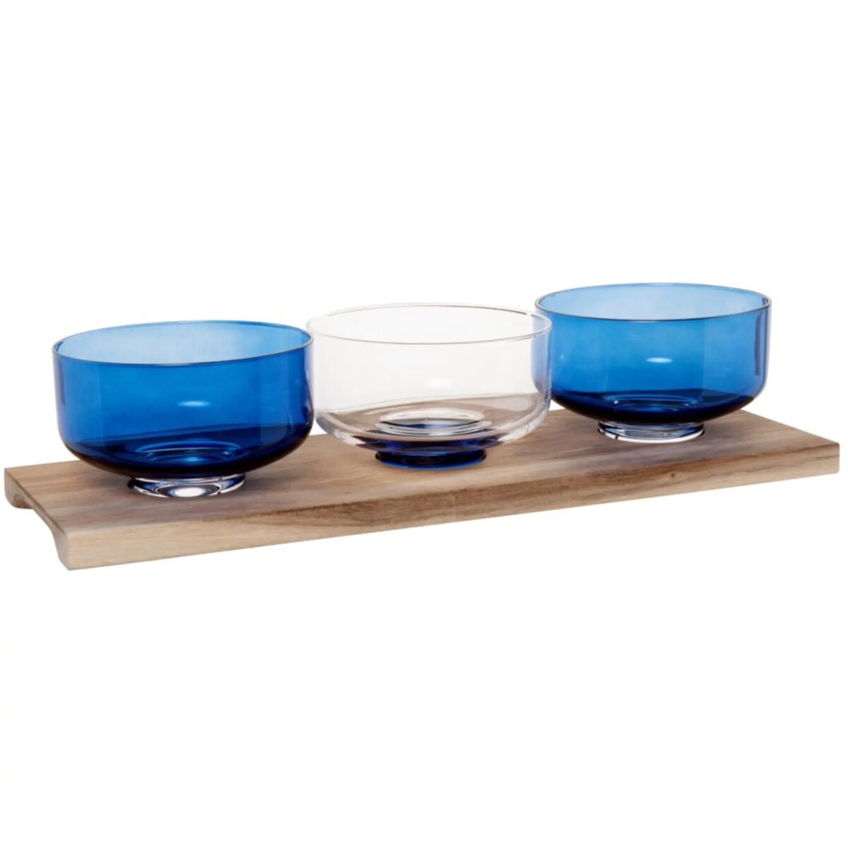 Ciotoline in vetro blu e bianco e vassoio in legno di acacia Ciotoline in vetro blu e bianco e vassoio in legno di acacia